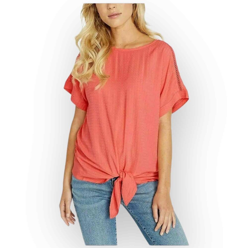 NWT Buffalo David Bitton Coral Orange Crochet Tie Front Woven Top Women's Small